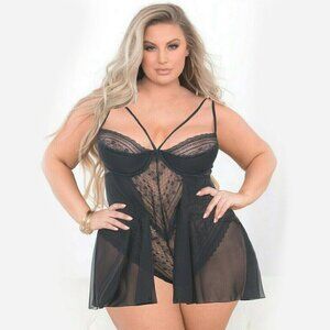 Lace Teddy Women Plus 1X Underwire Black Flyaway Mesh Skirt Bodysuit